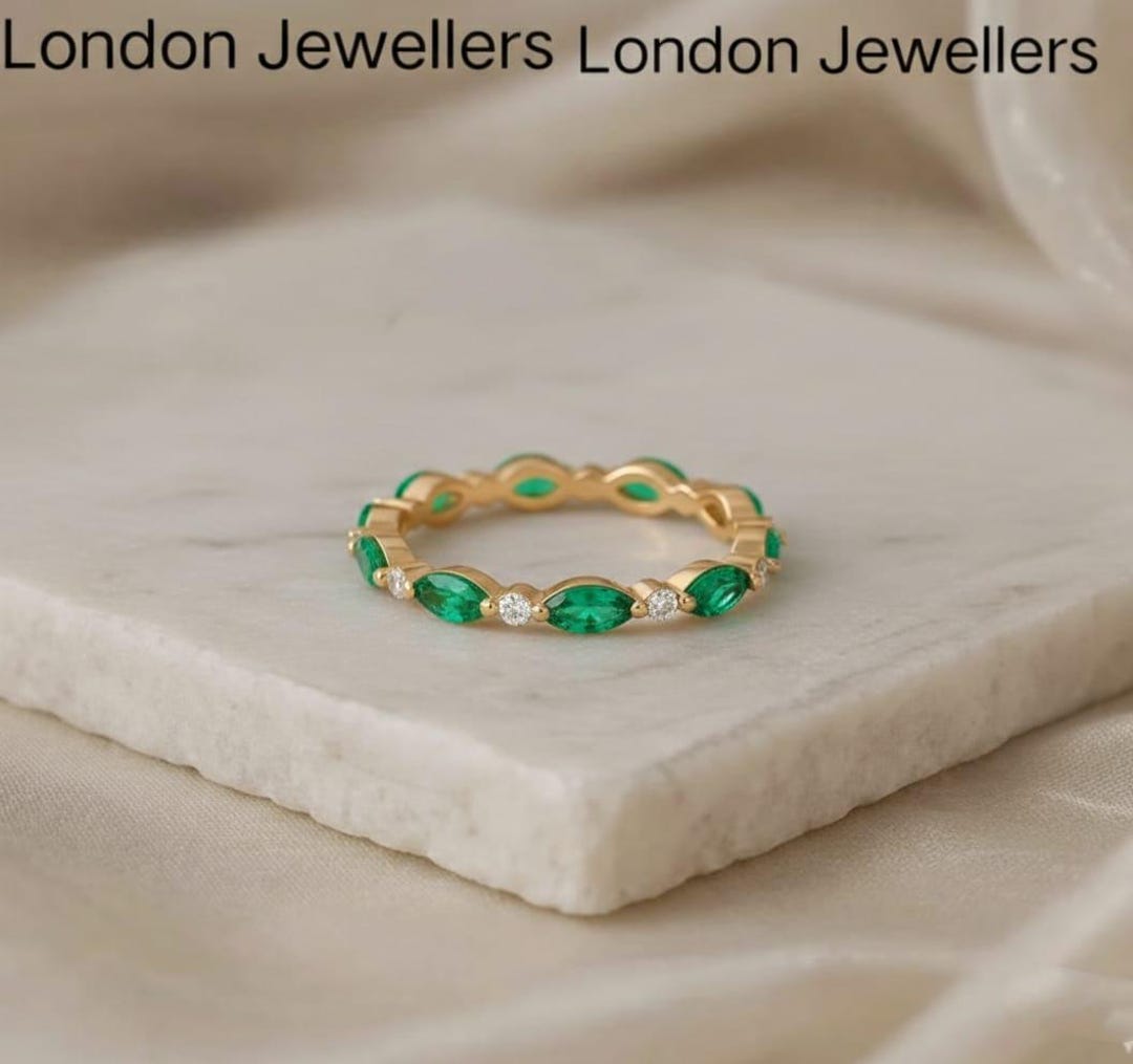 14k Gold Marquise Emerald Eternity Ring, Alternating Diamond Wedding ...