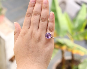 Round Cut Solitaire Amethyst Ring • Sterling Silver Amethyst Proposal Ring • Gothic Ring • Engagement Ring • February Birthstone Ring