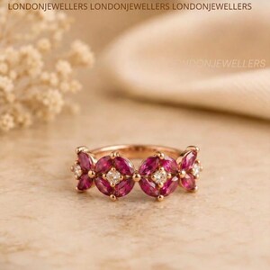 Marquise Gemstone Flower Wedding Band Rose Gold Vintage Floral Cluster Ring Unique Ruby Stacking Band Art Deco Anniversary Gift