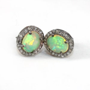 Natural Rose Cut Pave Diamond Opal studs Solid 925 Sterling Silver,  Fine Victorian opal diamond studs Earrings Jewelry Vintage