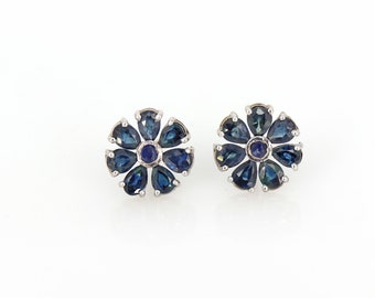 Natural Royal Blue Sapphire  Earrings, Bridal Earrings, Sapphire Studs Jewelry, Flower Design Blue Sapphire Studs, Pear Cut Gemstone Studs