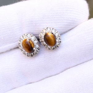 Tiger Eye Earrings, Gemstone Studs, Boho Earrings, Stud Earrings, Gemstone Jewelry, Hippie Earrings, Tiger Eye CZ Diamond Stud Earrings