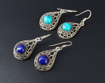 Boucle d’oreille en filigrane, boucles d’oreilles turquoise & lapis lazuli, cadeau de Noël, boucles d’oreilles boho, boucle d’oreille en argent antique, boucle d’oreille en lapis, boucle d’oreille turquoise