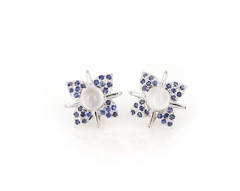 Natuurlijke Maansteen &Blauwe Saffier Studs, Moederdag Gift Oorbellen, 925 Sterling Zilveren Oorbellen, Bruidsmeisjes Gift, Party Wear Studs