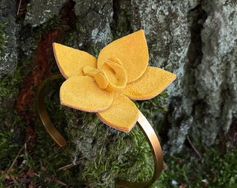 Honey yellow Orchid flower Bangle bracelet, Cuff bracelet, rose gold stainless steel bracelet, handmade leather orchid flower, Cuff bangle,