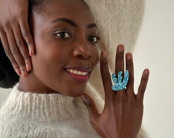 Azure Glittering Ring, charm ring, gift for her, brocade ring, reef ring, adjustable ring, hypoallergenic ring, handmade ring, Boho