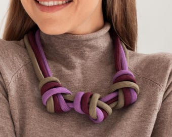 Chunky Cotton Bib Necklace TRIO | burgundy olive lavender Knot Rope | Bold Handmade Jewelry