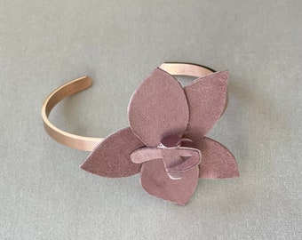 Antique pink Orchid flower Bangle bracelet, Cuff bracelet, rose gold stainless steel bracelet, handmade leather orchid flower, Cuff bangle,