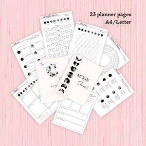 Könnte beinhalten: Ein Satz von 23 druckbaren Planerseiten im Format A4/Letter mit Mond-Thema. Die Seiten beinhalten ein Mond-Tagebuch, tägliche, monatliche und Manifestationsseiten. Die Seiten sind in Schwarzweiß gehalten und mit einem floralen Design versehen.