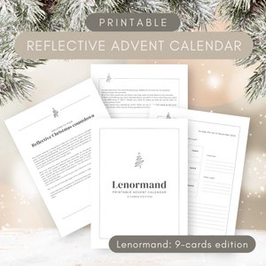Calendrier de l'Avent Lenormand réfléchissant imprimable 2024, compte à rebours de Noël, journal divinatoire, journal de lecture de cartes, 9 cartes (boîte) à feuilleter.