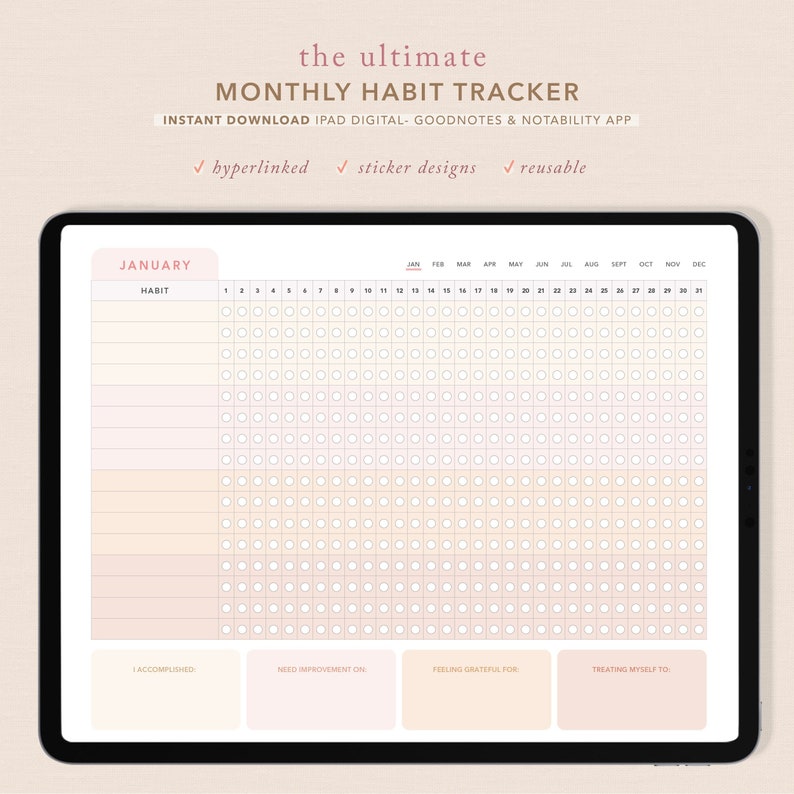 Hyperlinked Digital Monthly Habit Tracker for Goodnotes and image 1