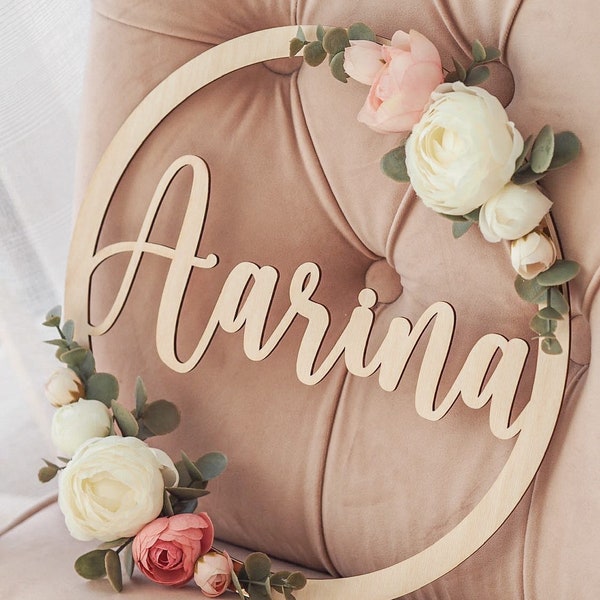 Customised floral name hoop  | baby girl room sign | personalised wooden ring wreath | nursery bedroom wall decor | circle door flower sign