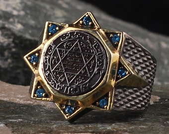 Oxidierter Sterling Silber Davidstern Ring: König Solomon Siegel