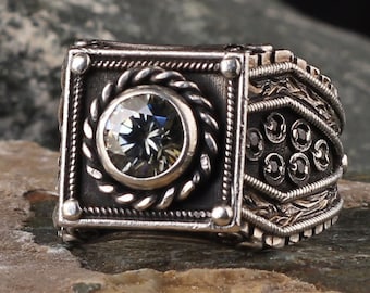 Engraved Gemstone Sterling Silver Ring: Handmade Men's Jewelry