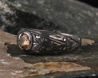 Engraved Oxidized Sterling Silver Ring: Handmade Mens Jewelry