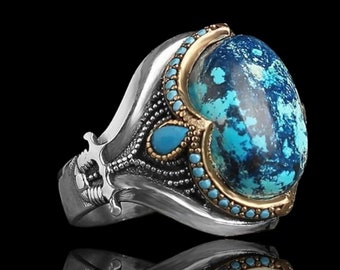 Azurite Gemstone Mens Ring: Handmade Sterling Silver Vintage Design