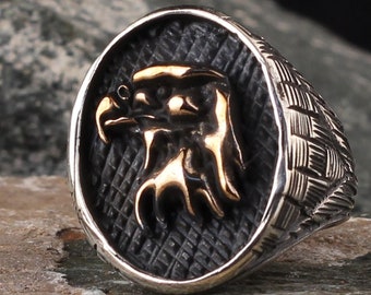 Handmade Oxidized Sterling Silver Eagle Ring - Mens Jewelry