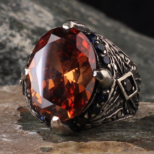 Orange Zircon Stone Silver Man Ring, Gemstone Jewelry, Vintage Ring Man, Orange Stone Ring, Thumb Men Ring, Gift For Father, Men Silver Gift
