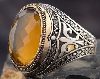 Sterling Silver Mens Gemstone Ring: Handmade Vintage Style