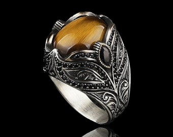 Handmade Sterling Silver Tiger's Eye Ring: Vintage Style Mens Ring