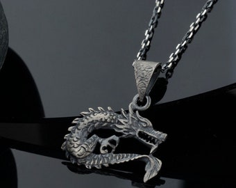 Oxidized Sterling Silver Dragon Pendant Necklace - Handmade