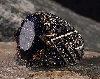 Blue Sandstone Sterling Silver Ring, Handmade Mens Jewelry