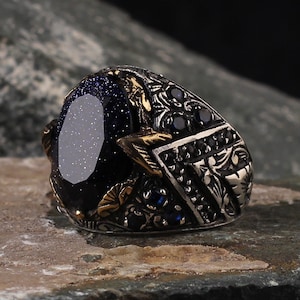 Sterling Silver Blue Sandstone Men Ring, Silver Father Gift Ring, 925 Silver Handmade Mens Ring, , Unique Man Ring,Unique Husband Gift Ring