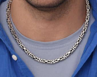 925 Silver King Chain Man Necklace, Handmade Byzantine Chain Necklace, Square King Chain Necklace For Him, Valentines Day Gif For Boyfriend