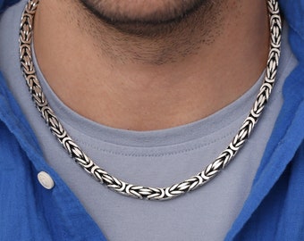 925 Silver King Chain Man Necklace, Handmade Byzantine Chain Necklace, Square King Chain Necklace For Him, Back to School Gift For Boys