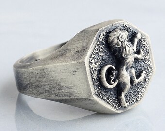 Handmade Sterling Silver Lion Signet Ring: Unisex Zodiac Jewelry