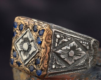 Anillo de plata de ley para hombre hecho a mano: estilo vintage grabado