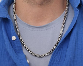 Silver Byzantine Chain, Round King Chain Necklace, 925 Handmade Chain For Men, Round Byzantine Link Chain, Memorial Gift For Him, Mens Gift
