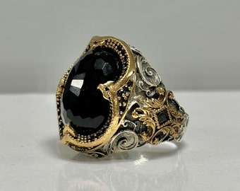 Anillo de plata de ley hecho a mano con circonita negra: estilo otomano