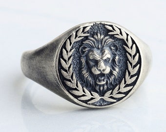 Sterling Silver Lion Signet Ring - Handmade Mens Ring