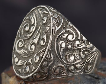 Oxidized Sterling Silver Mens Ring: Handmade Engraved Vintage Style