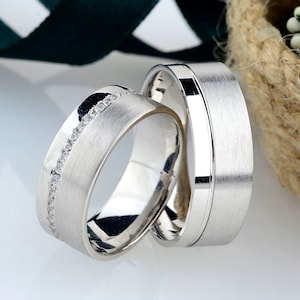 Silver Wedding Band Set, Modern Wedding Ring Set, Matching Wedding Bands for Couple, Couple Wedding Rings, Handmade Engagement Ring,