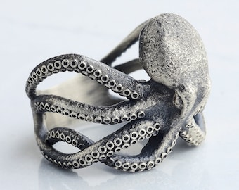 Octopus Ring, Silver Men Ring, Sterling Silver Animal Ring, Mens Ring, Man Gothic Rings, 3D Octopus Head Ring, Handmade Gift, Mens Ring Gift