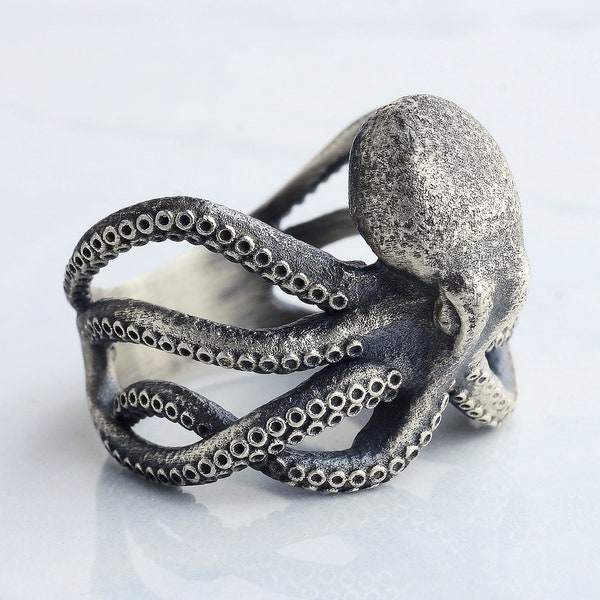 Octopus Head Silver Men Ring, Sterling Silver Animal Ring, Mens Ring, Man Gothic Rings, 3D Octopus Head Ring, Handmade Gift, Mens Ring Gift