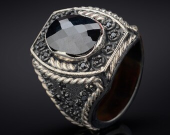 Oxidized Sterling Silver Mens Ring: Antique Style, Handmade