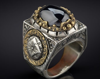 Anillo de plata de ley para hombre con ónix negro: estilo vintage hecho a mano