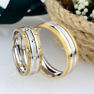 Modern Wedding Band Set, Wedding Ring Set, Matching Wedding Bands for Couple, Couple Wedding Rings, Engraved Wedding Band,Engagement ring
