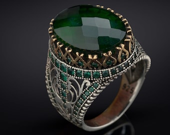 Silver Man Ring,Green Gemstone Mens Ring, Antique Ring For Man ,Sterling Silver Handmade Mens Ring, Vintage Ring Man, Gifts for Him