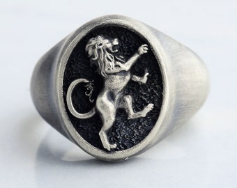 Handmade Lion Sterling Silver Signet Ring - Unisex Zodiac Jewelry