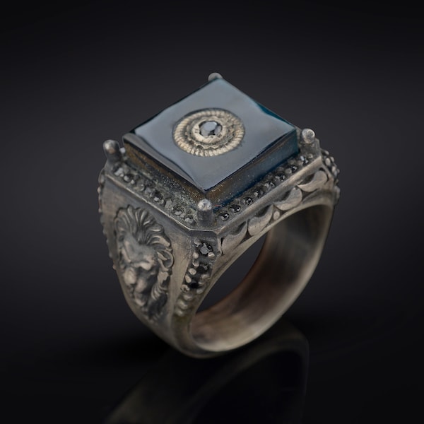 Anillo de león de plata esterlina hecho a mano: piedra preciosa de ámbar, estilo vintage