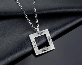 Personalized Sterling Silver Square Name Necklace: Engraved Family Pendant