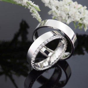 White Gold Wedding Band Set, Wedding Ring Set, Matching Wedding Bands for Couple, Couple Wedding Rings, Handmade Engagement Ring,