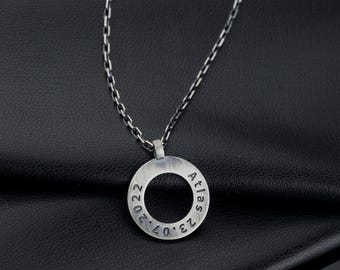 Personalized Silver Circle Necklace: Engraved Name & Date Pendant