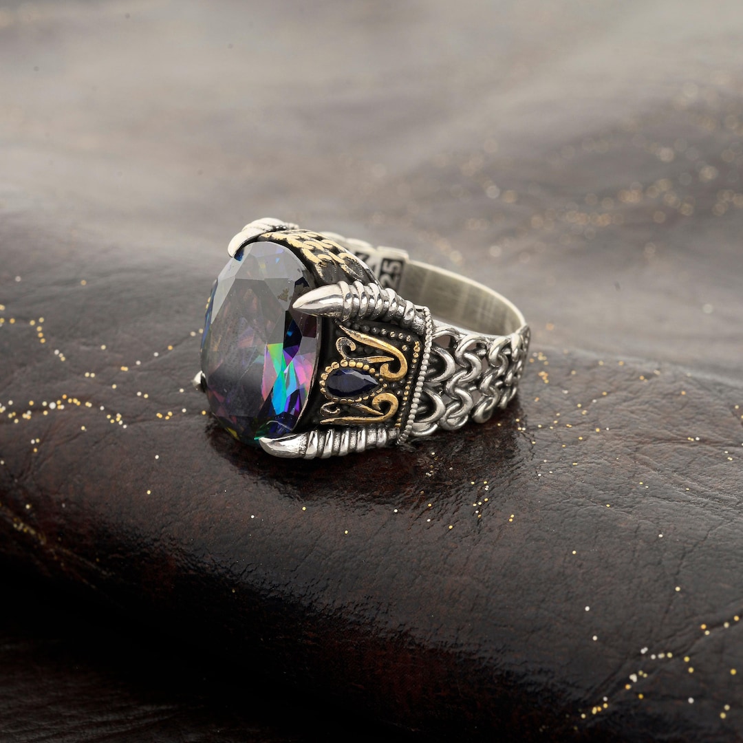 Mystic Topaz Sterling Silver Men's Ring: Knit Detail, Handmade