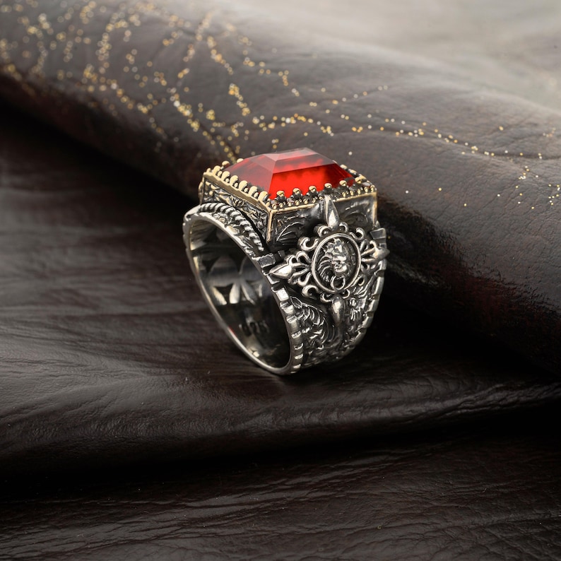 925 Silver Red Zircon Ring for Men, Red Ruby Stone Ring, Natural Stone