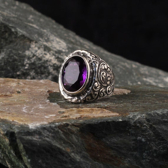Handmade Sterling Silver Amethyst Ring Vintage Style Mens Ring